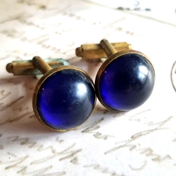 Vintage cufflinks blue cabochon cuff links gold tone - Picture 1 of 7